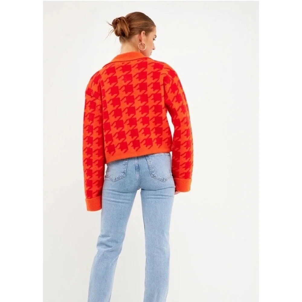 Anthropologie English Factory Houndstooth Cropped Cardigan Sweater Large Org/Red - Picture 11 of 11
